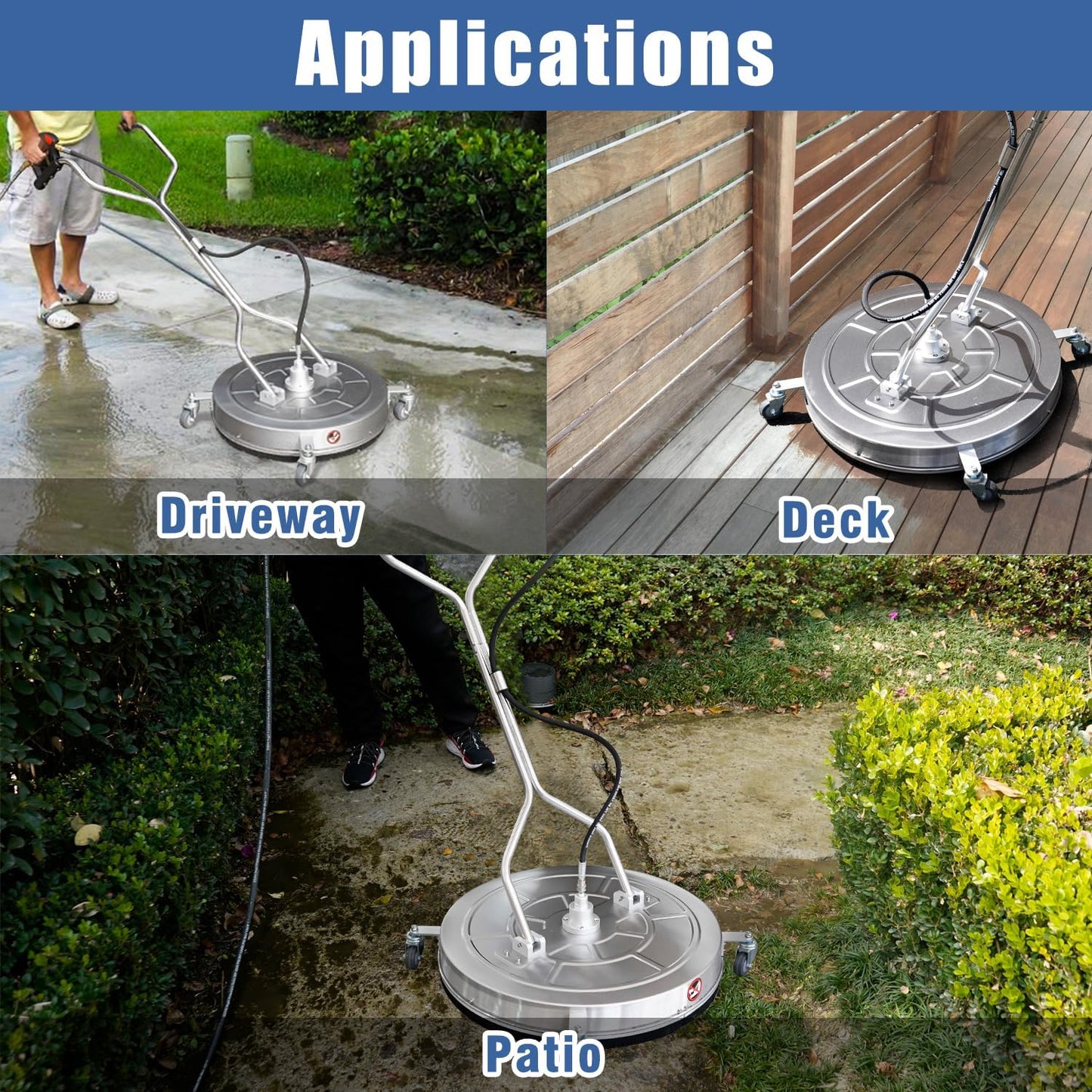 JANZ 30'' Pressure Washer Surface Cleaner with 4 Wheels,Dual Handle,Stainless Steel Housing, 2 Hose Adapters and 4 Replacement Nozzle Cores,Ideal for Driveways, Sidewalks,Patios,Decks Cleaning