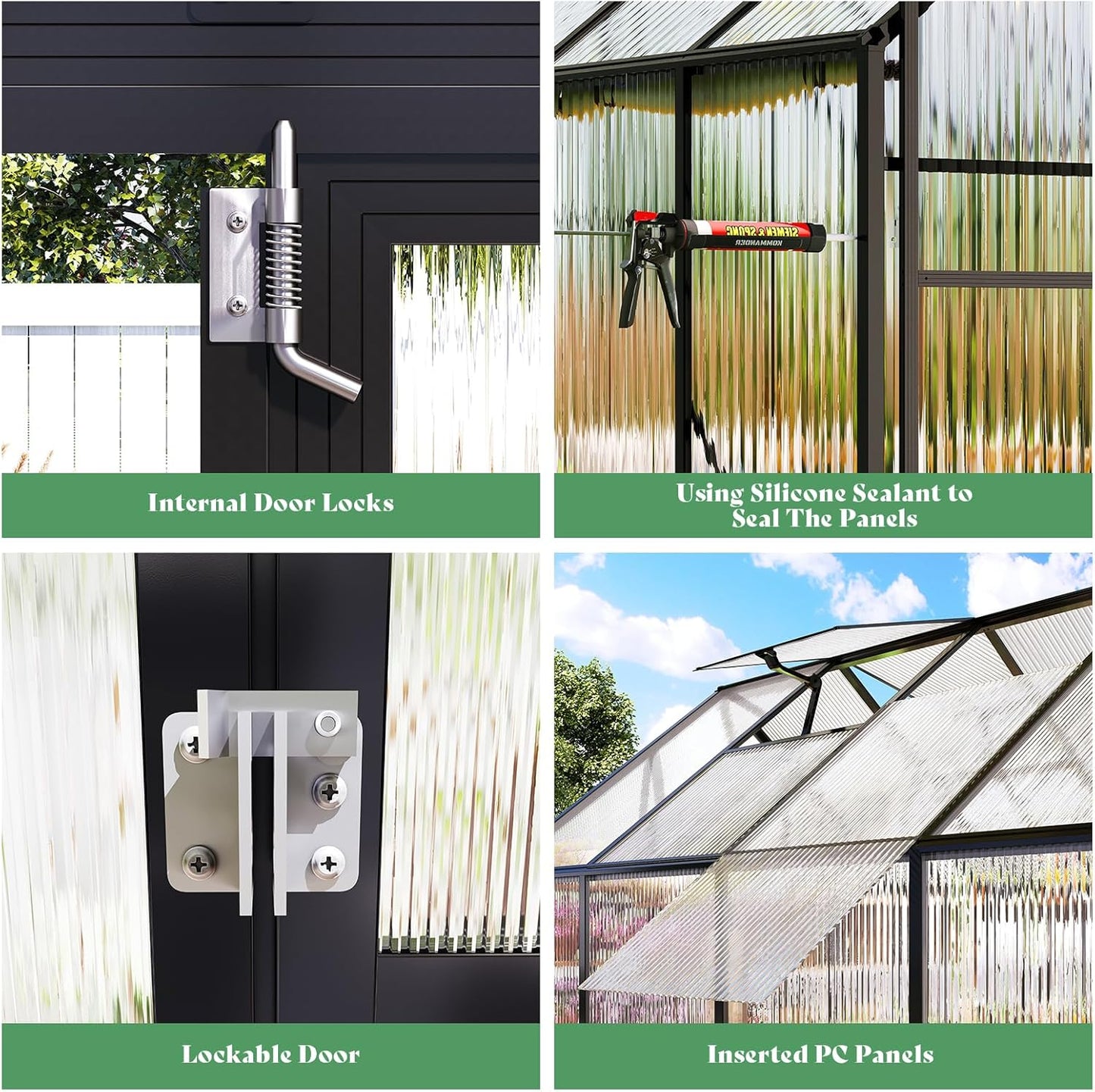 Amerlife 8x8x7 FT Ft Polycarbonate Greenhouse for Outdoors, Walk-in Design with Aluminum Frame, 2 Windows and Swing Door, Heavy-Duty Greenhouse Construction for Garden, Black