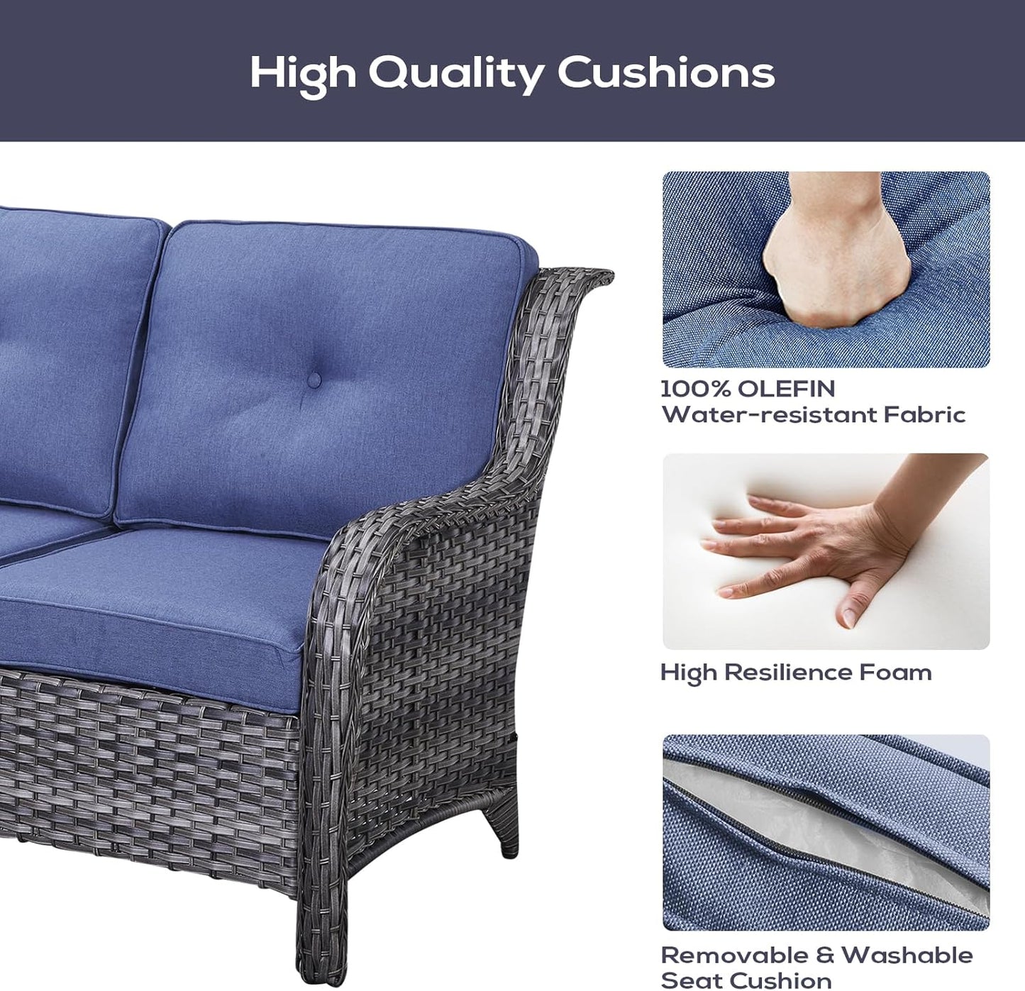 Outdoor Furniture Sectional Sofa L Shaped Couch - Patio Wicker Furniture Set with Coffee Table, 3 Piece Rattan Patio Conversation Sets with Blue Cushion for Deck Backyard Sunroom