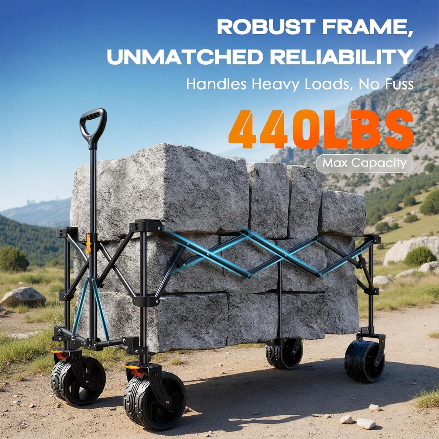 Navatiee 300L Collapsible Wagon Cart Foldable Extra Large, 48''L Folding Extended Beach Wagon with 440LBS Weight Capacity and Big All-Terrain Wheels, Heavy Duty Utility Garden Cart for Sports Outdoor