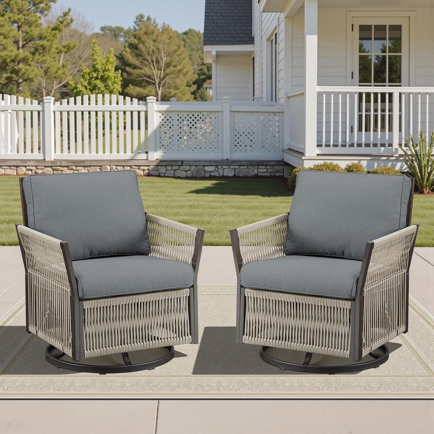Patio Bistro Chair Set, 2 Pieces Rope Swivel Wicker Chairs Porch Furniture Sets, All-Weather Aluminum Rocking Outdoor Conversation Set for Porch, Deck, Poolside w/Cushion - Dark Grey