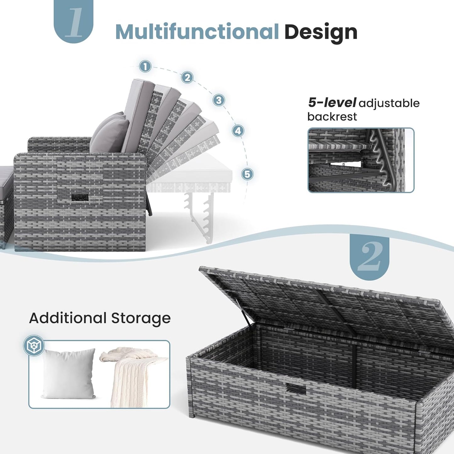 Amopatio Wicker Outdoor Daybed - Outdoor Loveseat with Storage Ottoman,4-Level Adjustable Backrest & Cushions, Patio Loveseat for Yard, Balcony, Porch, Garden, Poolside（Grey）