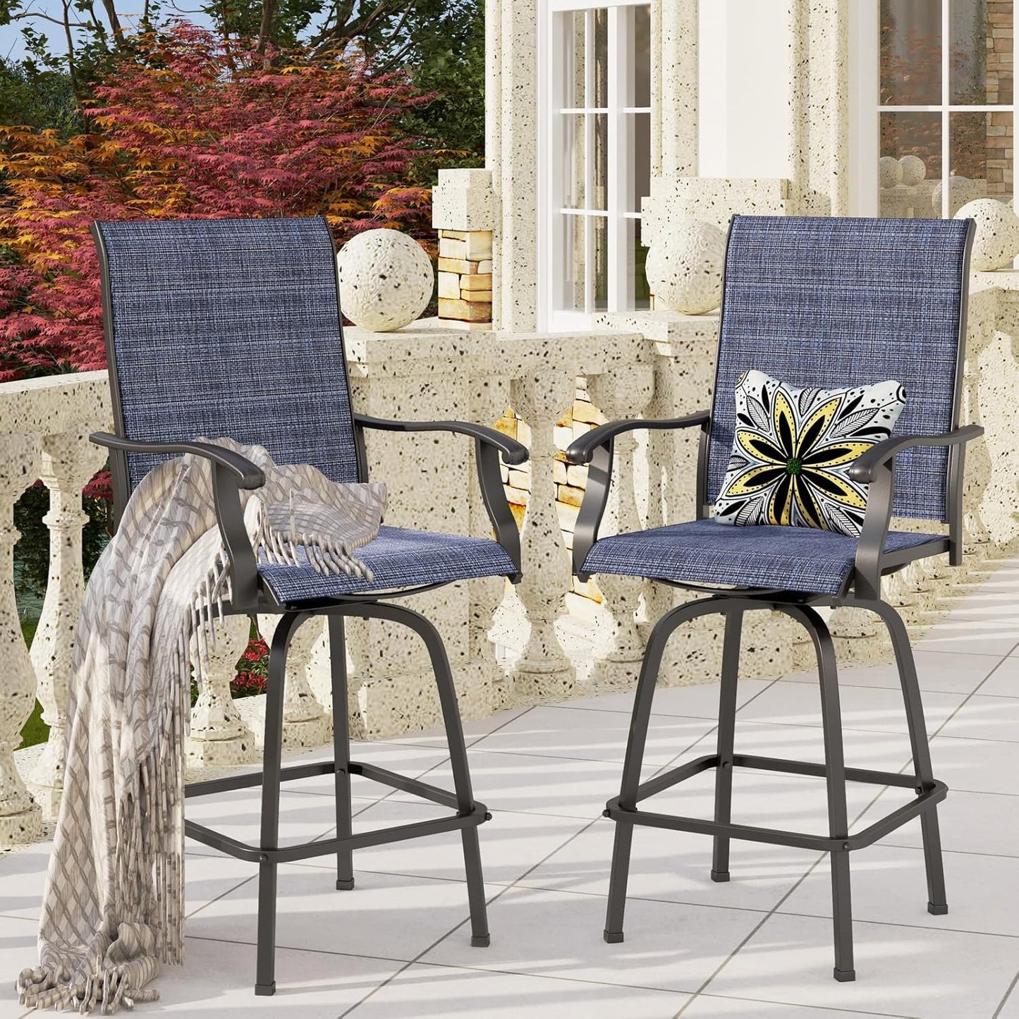 PHI VILLA Outdoor Swivel Bar Stools Set of 4, Bar Height Patio Stools & Chairs with All Weather Textilene Sling Fabric, 30 Inch High Top Tall Bar Chairs for Outside Balcony & Porch, Blue