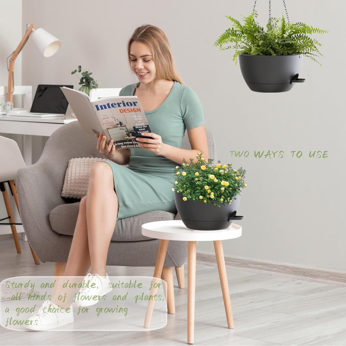 12 Inch Hanging Baskets 2 PC with Chains, Self-Watering Hanging Planters for Indoor Outdoor Plants, Plastic Hanging Flower Pots,Black