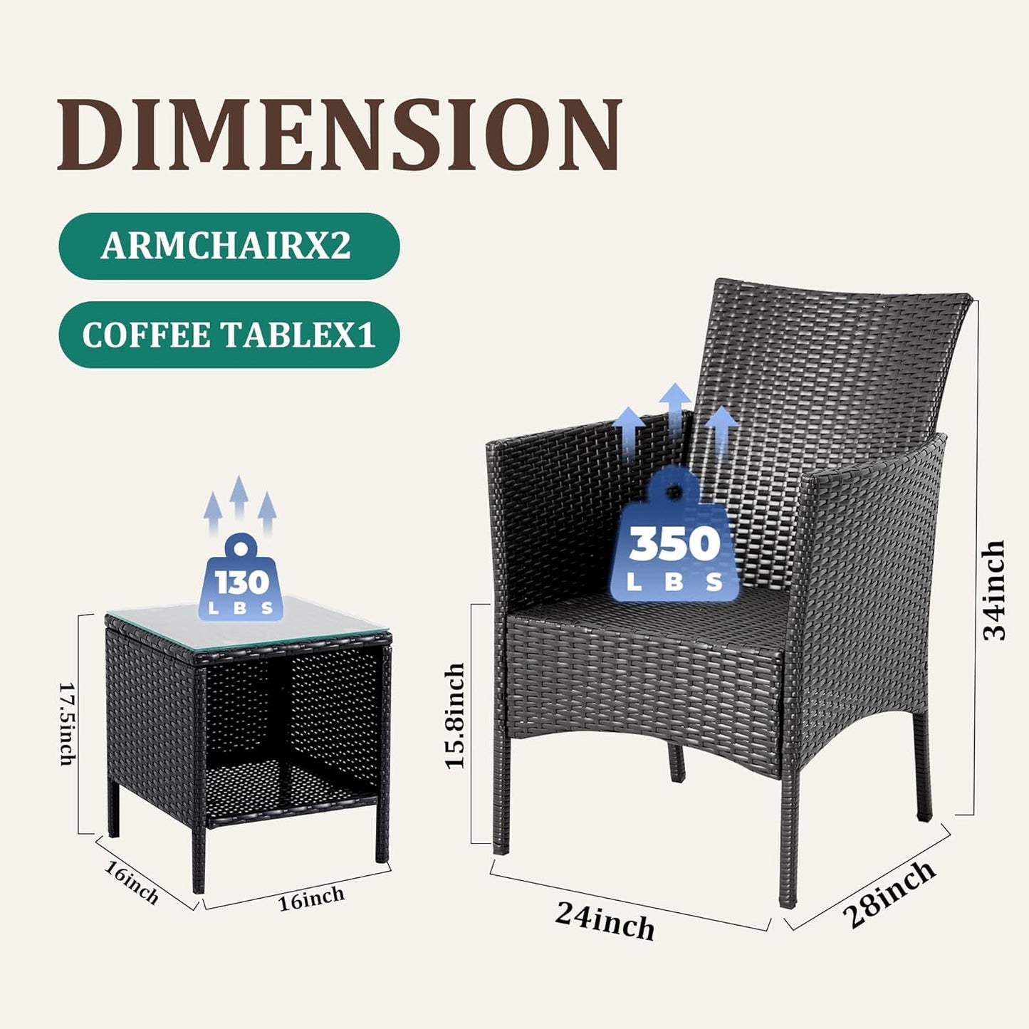 3 Piece Patio Furniture Set - Outdoor Conversation Sets with Coffee Table, Rattan Chair Set for Garden/Poolside, Coffee/Blue