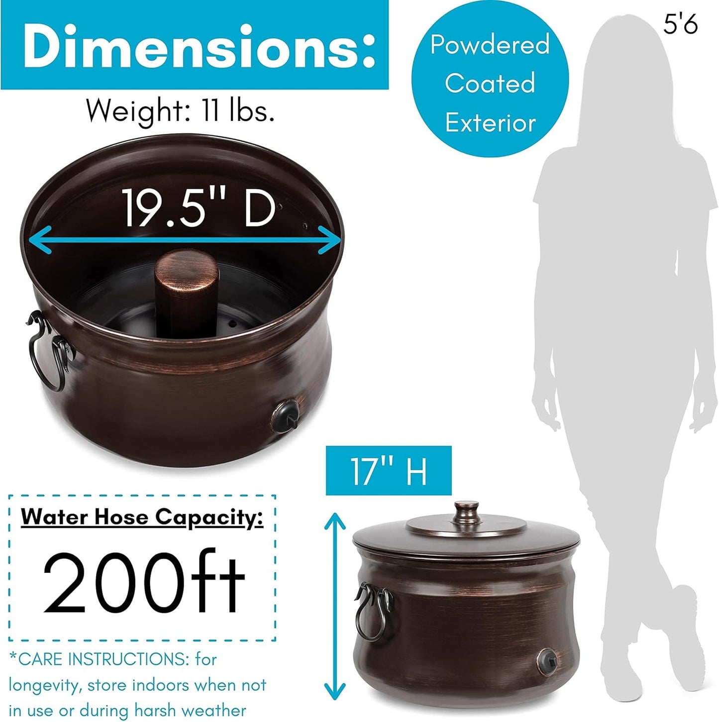 BIRDROCK HOME Water Hose Holder - Decorative Metal Pot, Indoor or Outdoor, Garden Storage Organizer, Patio Portable Bucket - Distressed Bronze, Holds up to 200ft Hoses, Large with Lid