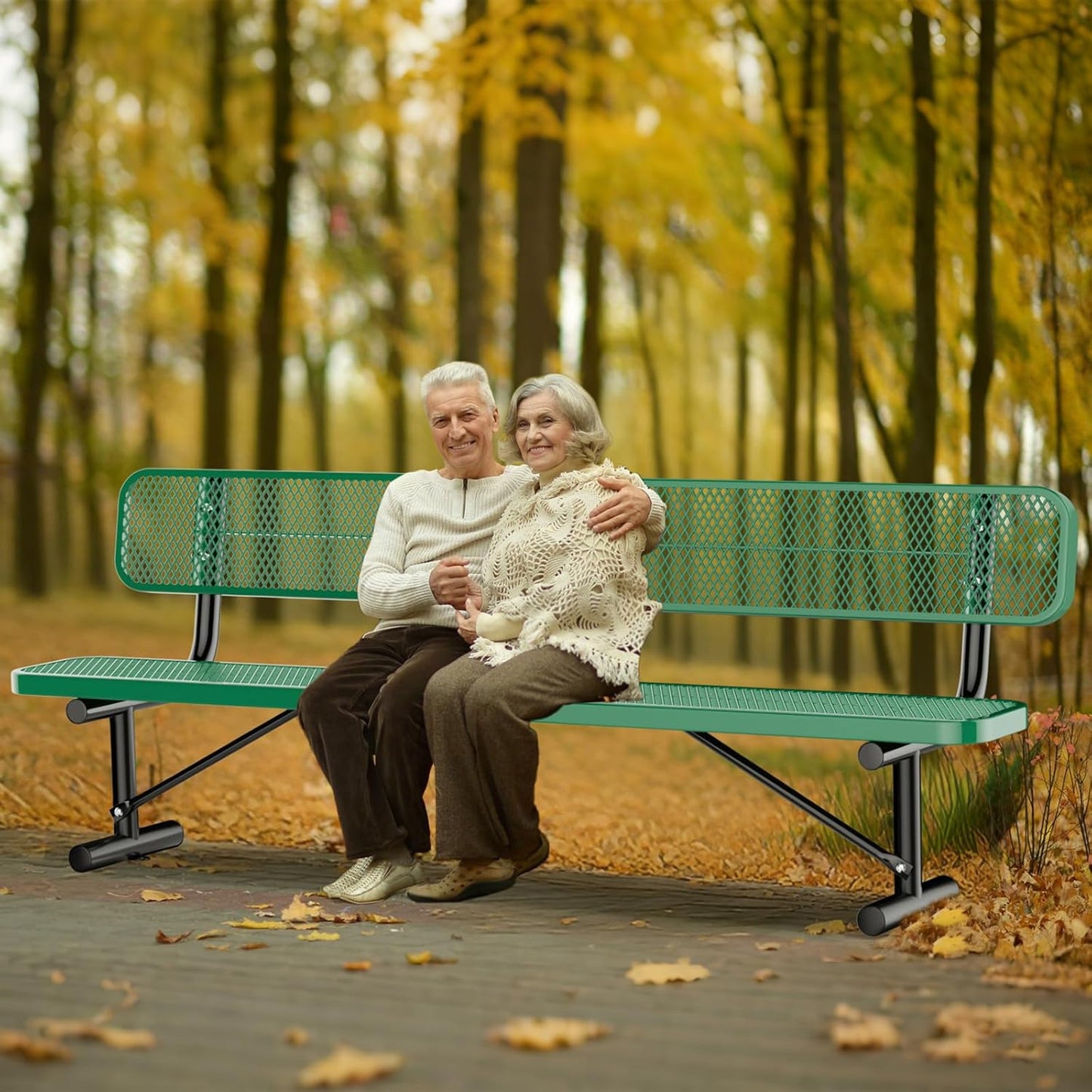 Heavy Duty Park Bench for Outside, Metal Park Bench with Back Portable Frame, Outdoor Steel Mesh Garden Bench with Backrest for Garden, Lawn, Patio, Porch, Park, Yard (Green, 8FT/95INCH)