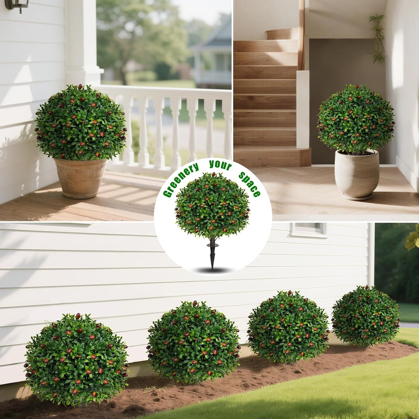 Artificial Olive Topiary Ball Trees with Ground Spike, Set of 2 UV Resistant Artificial Shrubs, Fake Evergreen Artificial Plant Bushes for Indoor Outdoor Front Porch Garden