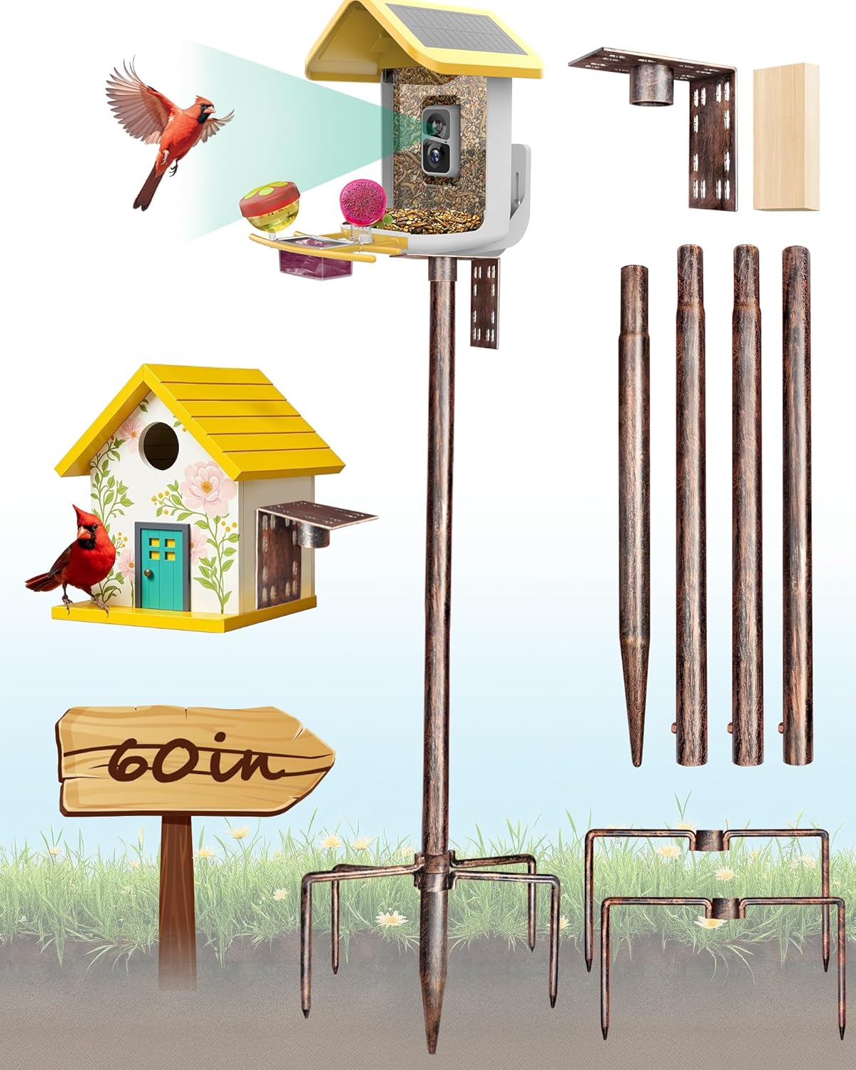 Bird Feeder Pole – 60 Inch Height Bird House Pole with 1-Inch Dia Heavy Duty for Birdfeeders, Feeding Stand with Mount Kit for Outdoor, Slip-Fit Connection, Copper Brushed