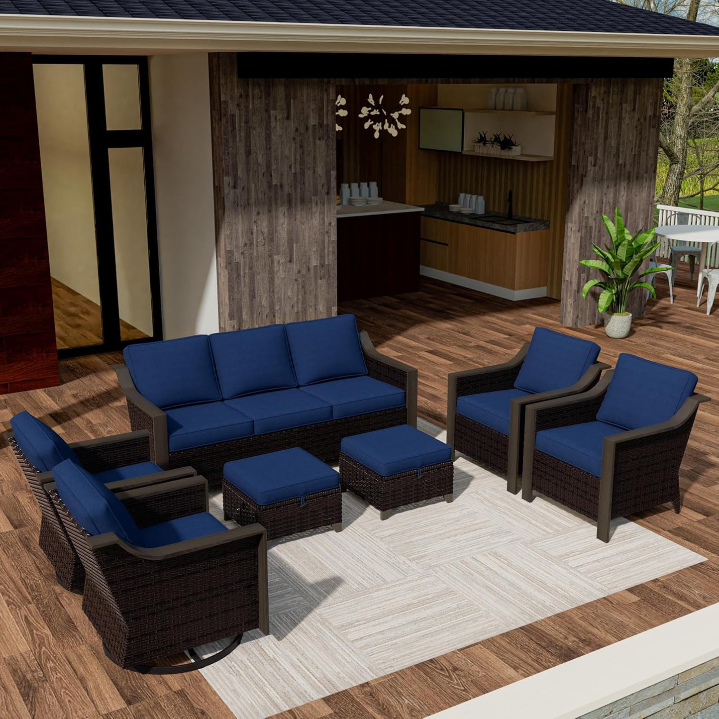 7 PCS Wicker Patio Conversation Set, All-Weather Use Outdoor 2 PE Rattan Swivel Chair, 2 PE Rattan Chair, 2 Ottoman, 1 Patio Sofa, Removable Water-Resistant Cushion, Blue