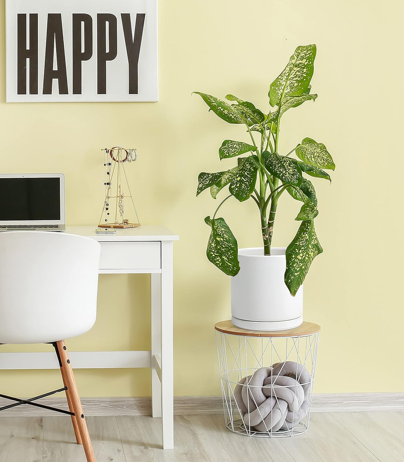 D'vine Dev Set of 2 Plants Pots, 10 Inch Ceramic Planter Pot for Plants with Drainage Hole and Saucer, White, 94-V-E-1