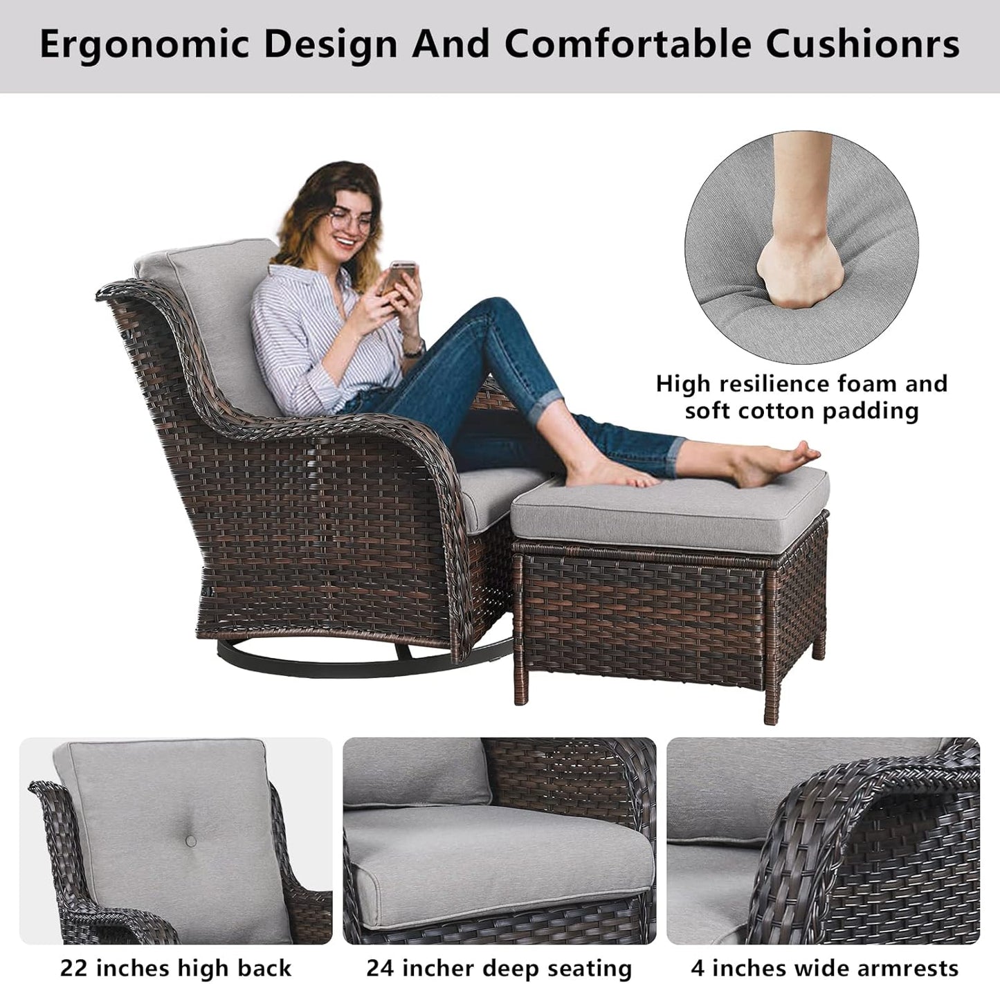 Wicker Patio Furniture Sets - 13 Piece Outdoor Rattan Furniture Conversation Sets with 4 Swivel Rocker Chairs, 2 Rattan Sofas, Wicker Ottomans and Coffee Table, Brown/Grey