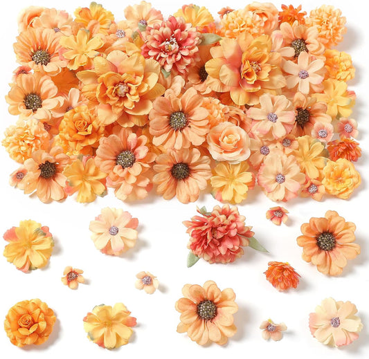 Small Artificial Flower Heads 2-4 cm, Fall Silk Faux Orange Peony Daisy Rose, for DIY Crafts, Wedding Garland, Graduation Cap, Cake Topper & Home Decoration