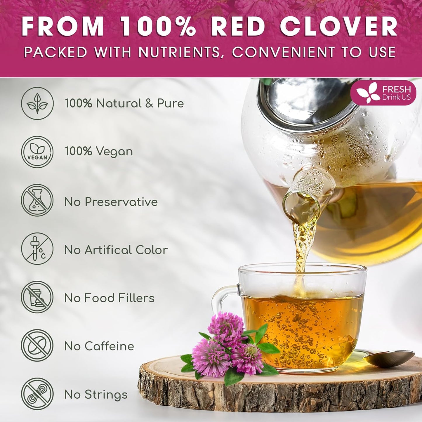 FreshDrinkUS, Premium Red Clover Herbal Tea– 55 Tea Bags – Pure – Naturally Smooth & Mild Flavor – Premium Quality, Eco-Conscious Packaging. Caffeine-Free. Gluten Free. Vegan