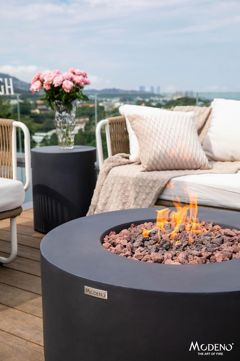 AMS Fireplace | Modeno Venice Package | Black Natural Gas Fire Pit Table for Outside Patio Bundle with Wind Guard, and SS Burner Lid | Free Rubber Mat & Ice Bucket
