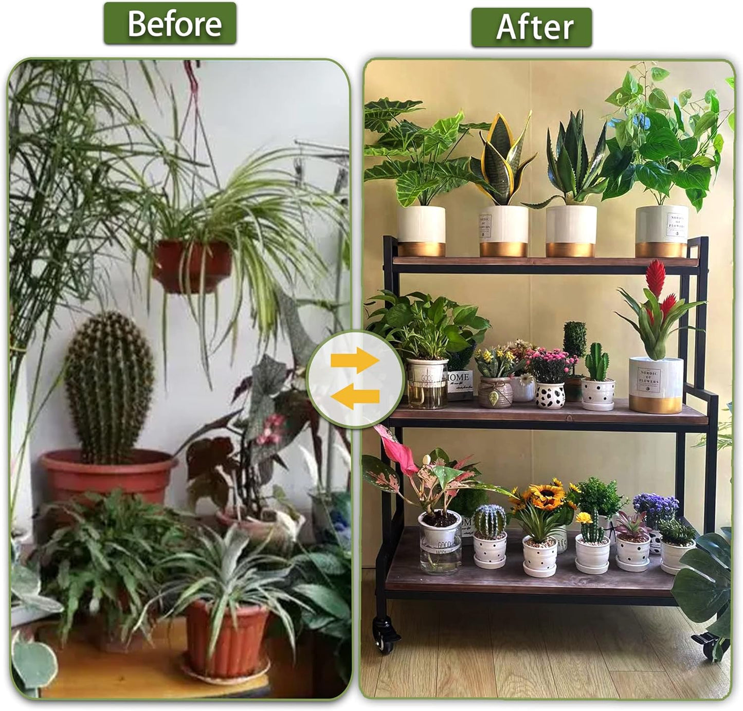 Rustic Plant Stand with Wheels 37“ H, Rolling Plant Shelves Rack Indoor Outdoor,Metal Plant Stand with Solid Wood for Multiple Plants,Industrial Ladder Plant Flower Shelf for Garden,Living Room,Brown