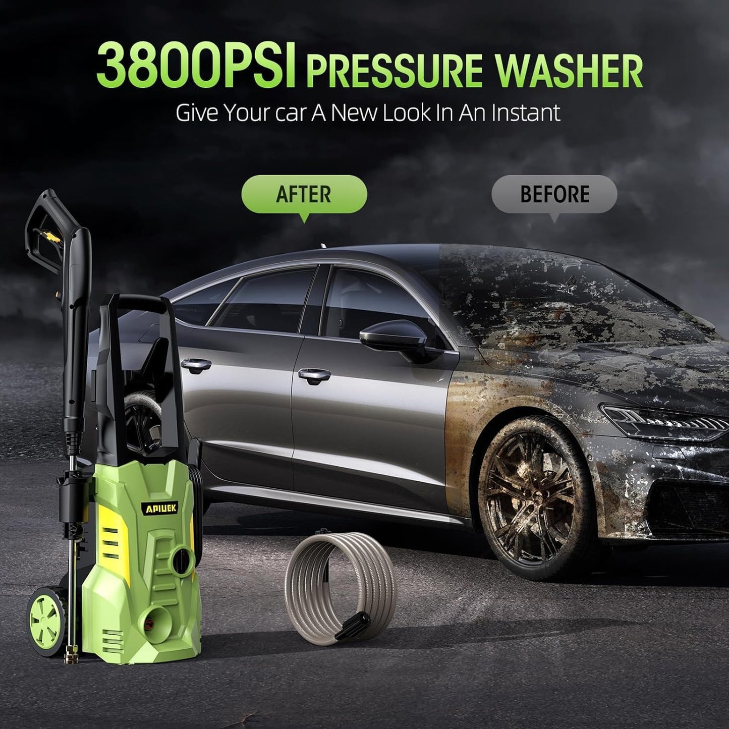 Electric High Pressure Washer - Portable Washer with 23 FT Water Outlet & 6.6 FT Inlet Hose, Steel Spray Wand, Foam-Adjustable Cannon,4 Nozzle Set, Cleans Car/Patio/Fence/Window, 3800PSI 2.4GPM