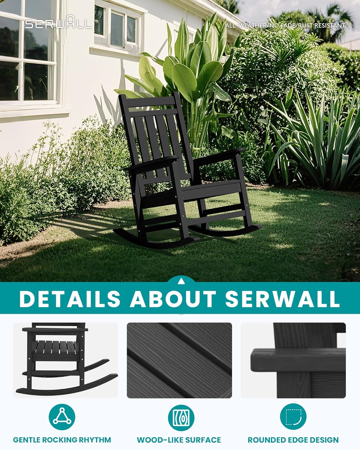 SERWALL Oversized Rocking Chair, Outdoor Rocking Chair for Adults, All Weather Resistant Porch Rocker for Lawn Garden, Black