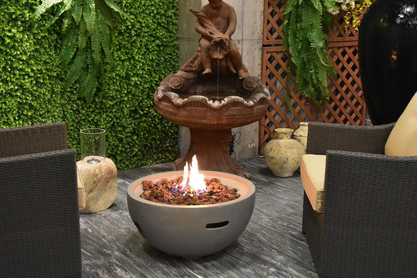 AMS Fireplace | Modeno Nantucket Package | Light Gray Liquid Propane Gas Fire Pit Table for Outside Patio Bundle with Tank Cover and SS Burner Lid | Free Ice Bucket