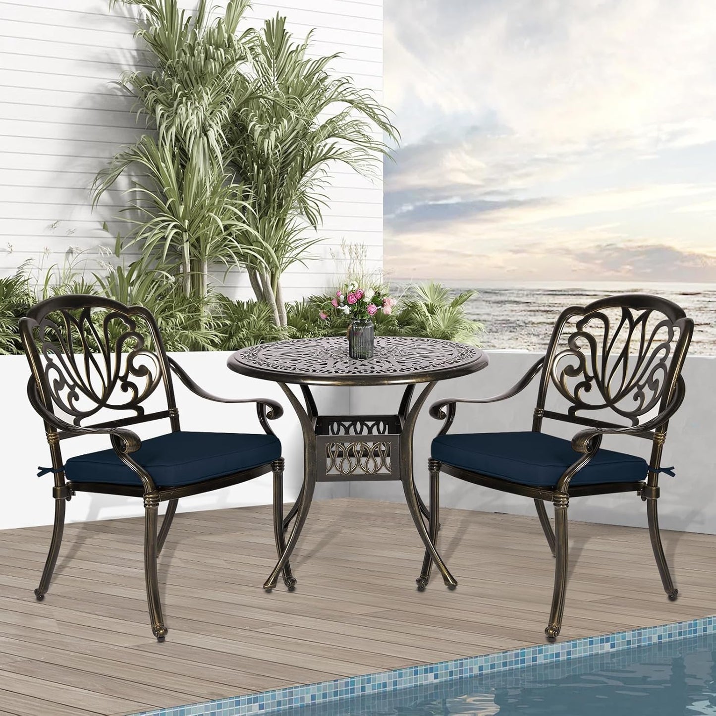 3-Piece Outdoor Patio Dining Set, All-Weather Cast Aluminum Patio Furniture Set for Backyard Garden Deck with 2 Cushioned Chairs and 35.4” Round Table, 2" Umbrella Hole, Navy Blue