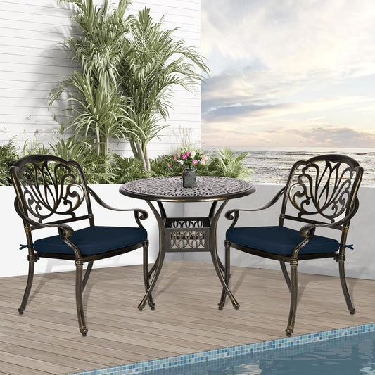 3-Piece Outdoor Patio Dining Set, All-Weather Cast Aluminum Patio Furniture Set for Backyard Garden Deck with 2 Cushioned Chairs and 35.4” Round Table, 2" Umbrella Hole, Navy Blue