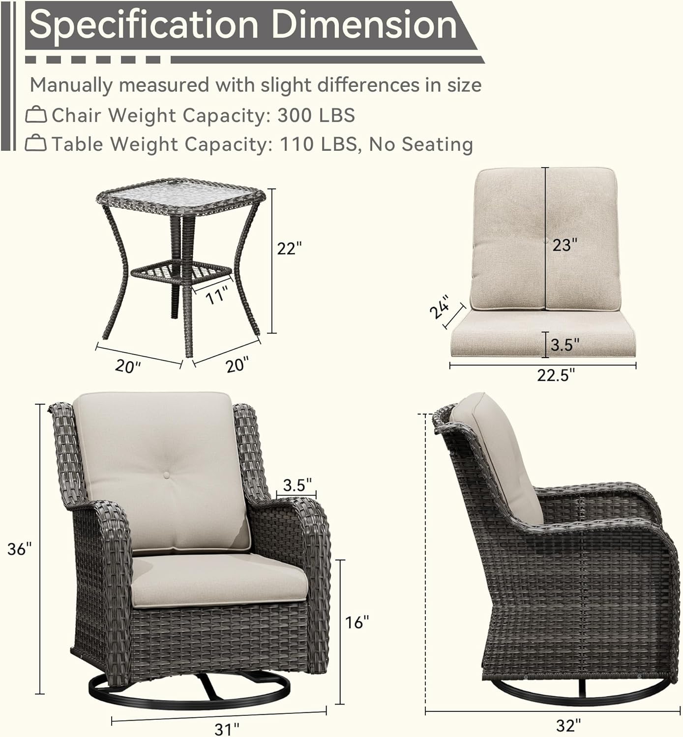3 Pieces Outdoor Furniture Set - Patio Wicker Swivel Rocker Chair Set of 2 and 1 Side Table, Beige, Mixed Brown Rattan, Suitable for Porch, Yard