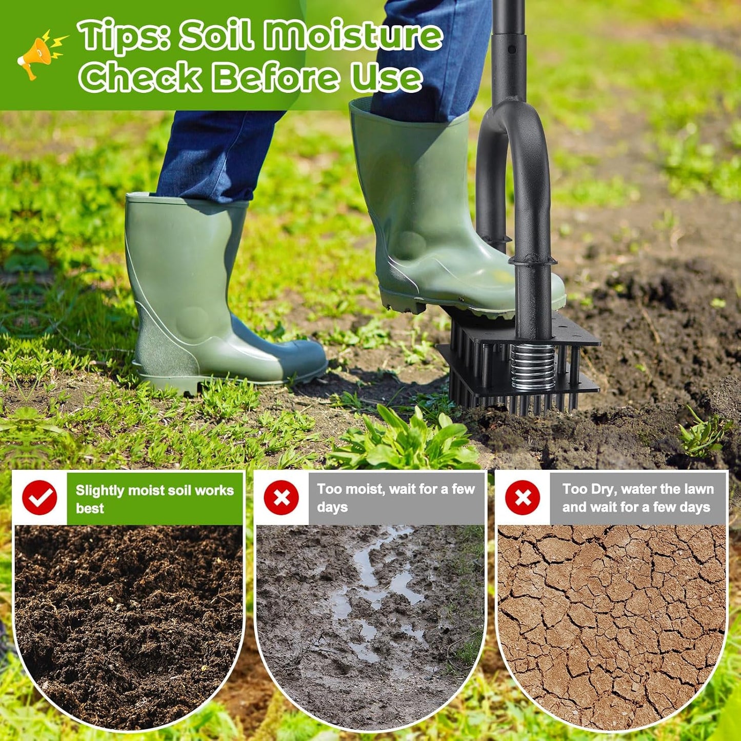 Aerator Lawn Tool: Sharp 14 Iron Spikes, Automatic Dirt Leaf Cleaning, Manual Lawn Aerators with Ergonomic T-Handle for Lawn Yard Garden Patio Soil Loosening Grass Aerating