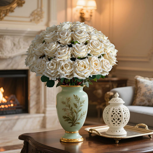 Fake Roses Faux Flowers Silk Roses 36PCS Artificial Roses with Stems Realistic Artificial Flowers Suitable for Indoor Home Decoration DIY Bouquet Wedding Decor Party Decor 16.5In (White)