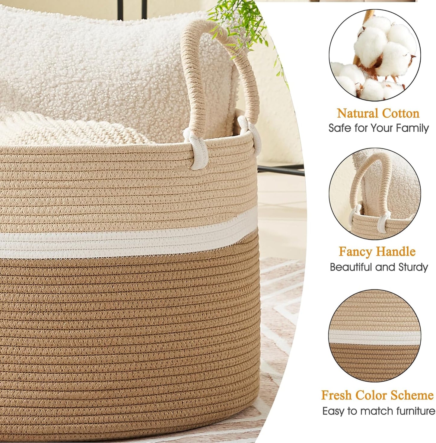 KAKAMAY Large Blanket Basket (20"x13"),Woven Baskets for storage Baby Laundry Hamper, Cotton Rope Blanket Basket for Living Room, Laundry, Nursery, Pillows, Baby Toy chest (White and Brown)