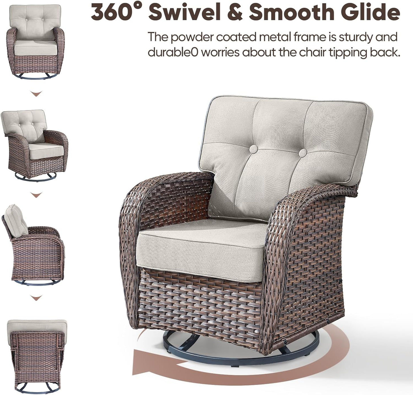 4-Piece Rotating Balcony Chair Set with 31-inch T-Shaped Wide backrest - Rattan Outdoor Rotating Balcony Chairs, Wide backrest Comfortable Outdoor Sliding Chair - Brown Rattan | Beige Cushions