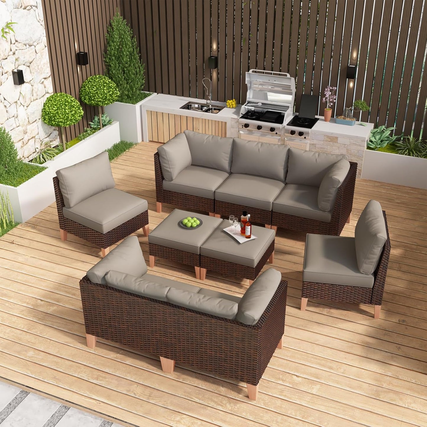 HUMMUH Patio Furniture Set,9 Pieces Outdoor Modular Sectional Couch Chairs with Ottomans,All Weather PE Wicker Patio Conversation Sets for Garden Porch Backyard