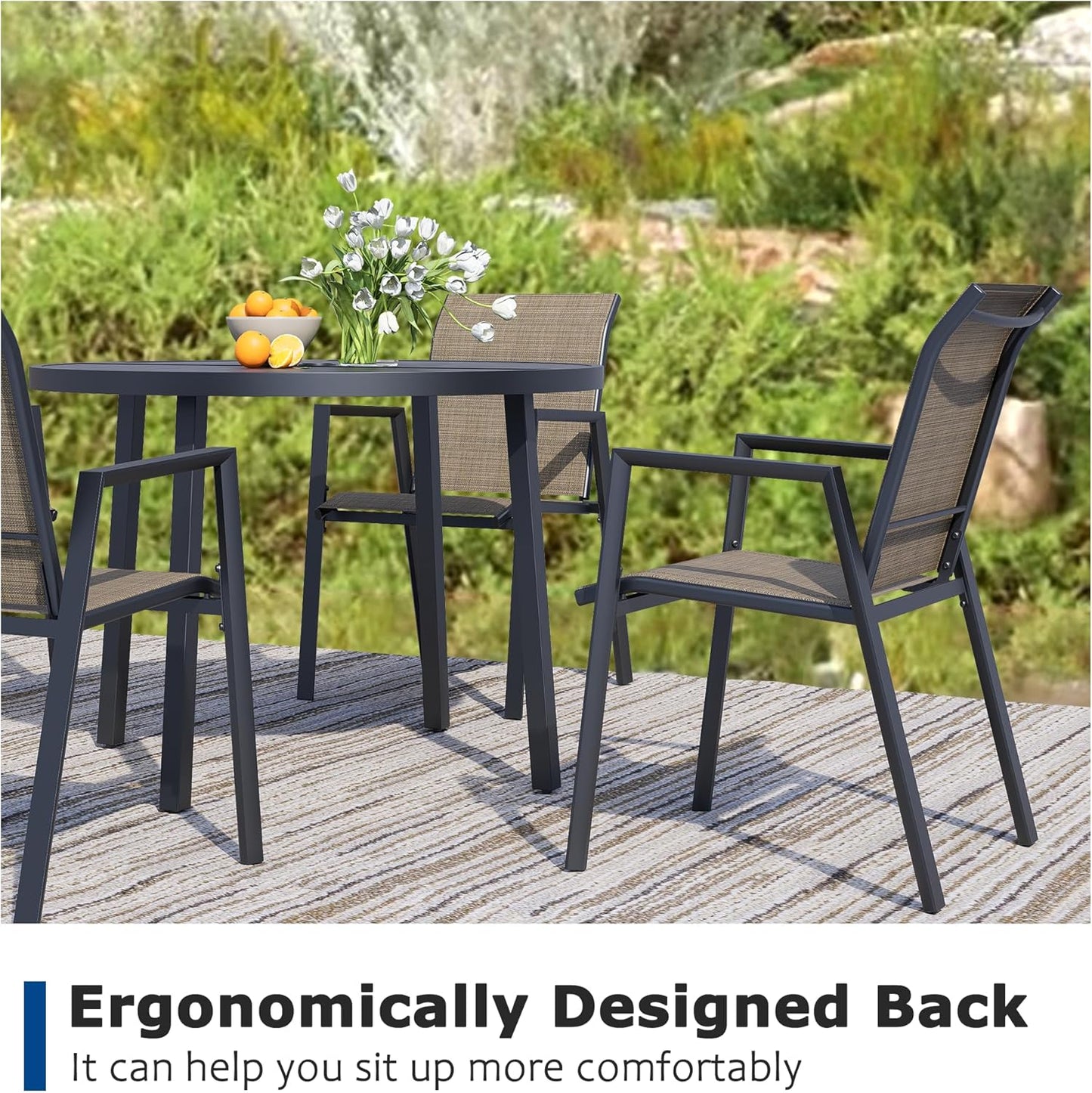 Outdoor Patio Chairs Set of 6, Mocha Stackable Outdoor Chairs, Lightweight Patio Set with High Back, Metal Dining Chair for Lawn, Garden, Yard and Deck
