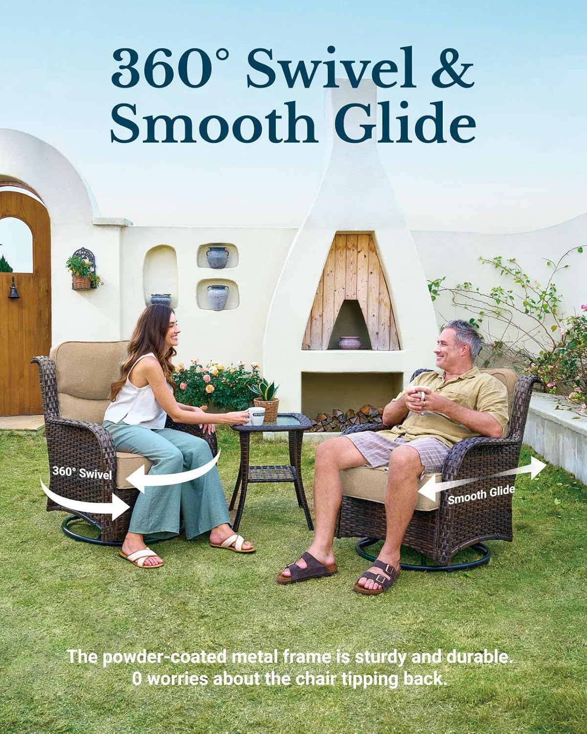 HILLGA Luxury Patio Furniture Set with 6-Inch Thick Cushions, High Back Outdoor Swivel Rocker Chairs and Table, 3-Piece All Weather Conversation Set for Porch Deck Balcony Yard, Beige (V3)