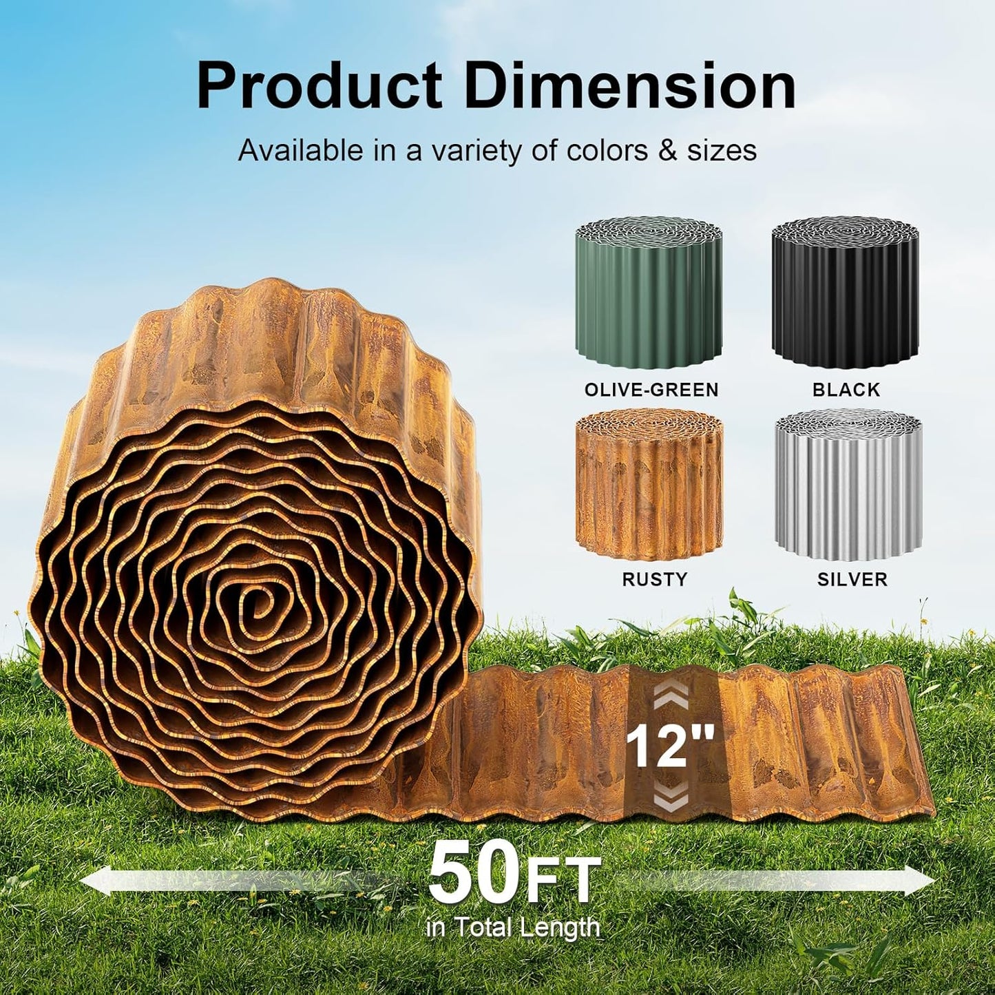 Land Guard Corrugated Garden Edging Border, 12" x 50' Landscape Paver Edging, Tall Landscape Edging, Fence for Garden, Flower Bed, Lawn and Landscape Edging (Rusty)