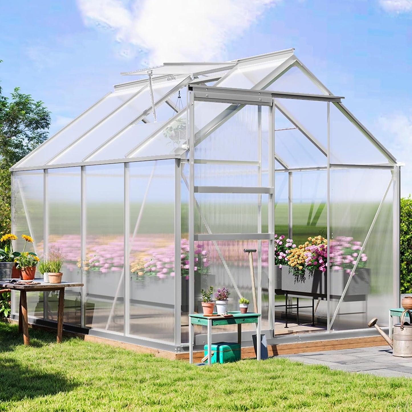 YITAHOME Polycarbonate Greenhouse 6x8FT Heavy Duty Green Houses Outdoor Greenhouses Aluminum Sliding Doors Vent Window Large for Garden Backyard, Silver