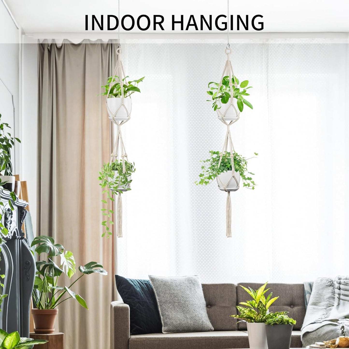 2 Pack Macrame Plant Hanger, 49 Inch, Fits 4-8 Inch Pots, 2 Tier Indoor Outdoor Hanging Planter Basket Flower Pot Holder, Boho Home Decor, Ivory (POTS NOT Included)