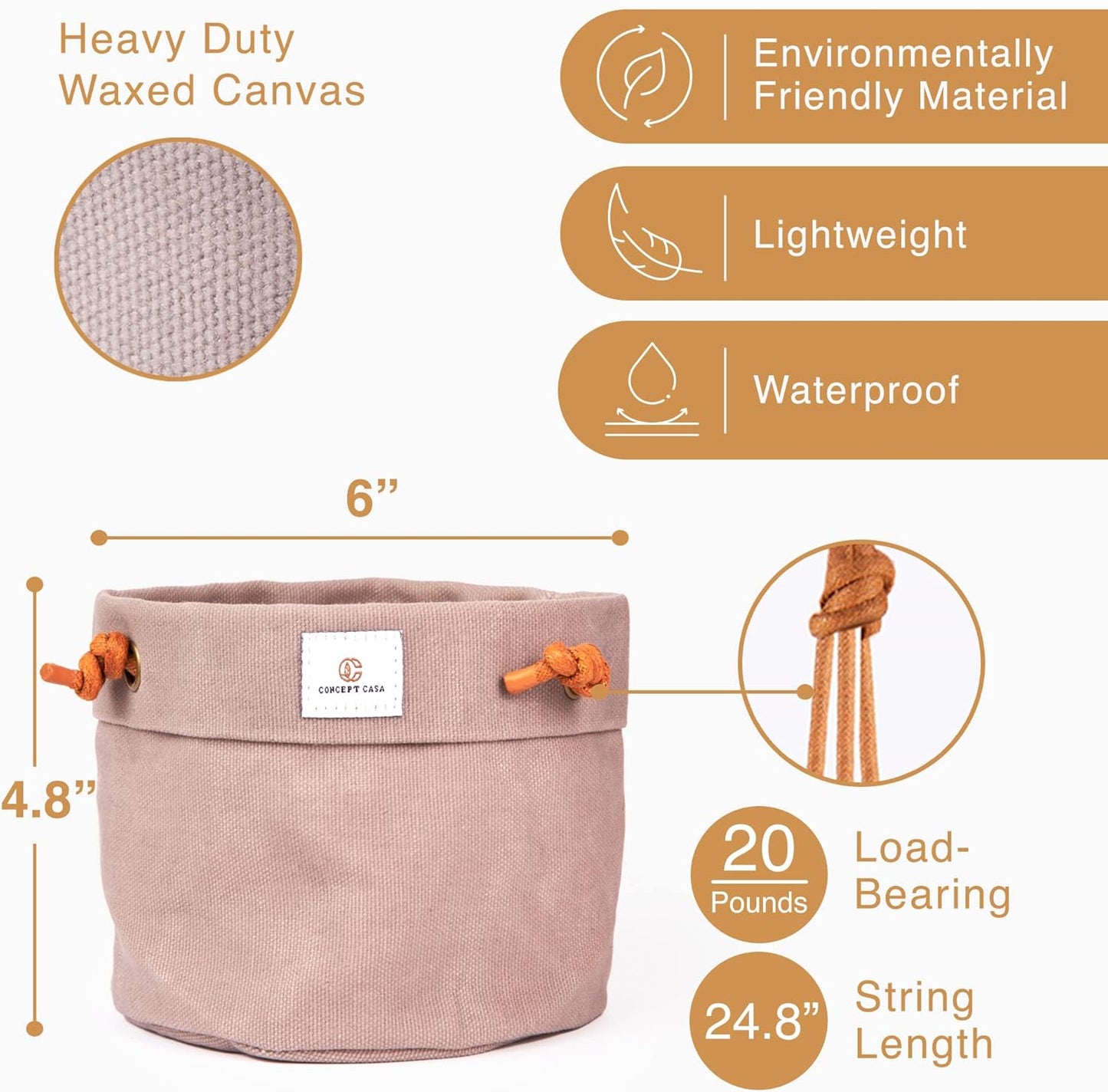 Large Waxed Canvas Handmade Hanging Planter for Indoor/Outdoor Plants, Hanging Basket Plant Holder Stone Gray with Hook