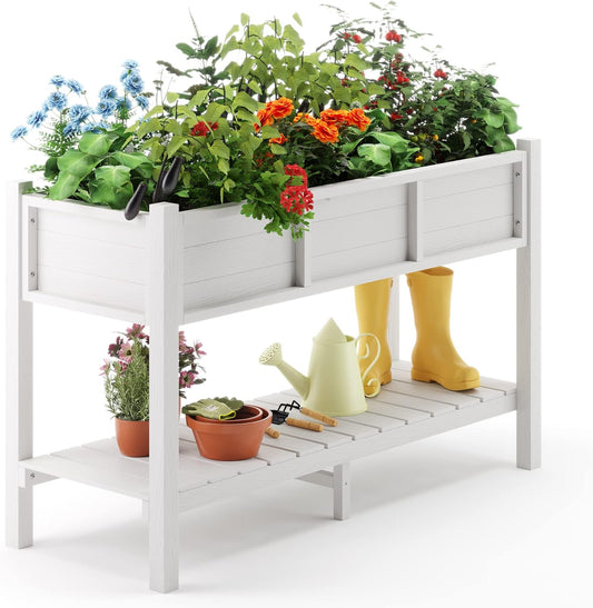 LUE BONA Raised Garden Bed with Tools, 47*18*29 in, Poly Elevated Planter Box with Legs And Storage Shelf, Weather Resistant, 3-Year Warranty, Standing Growing Bed Herb Planter for Vegetable, White