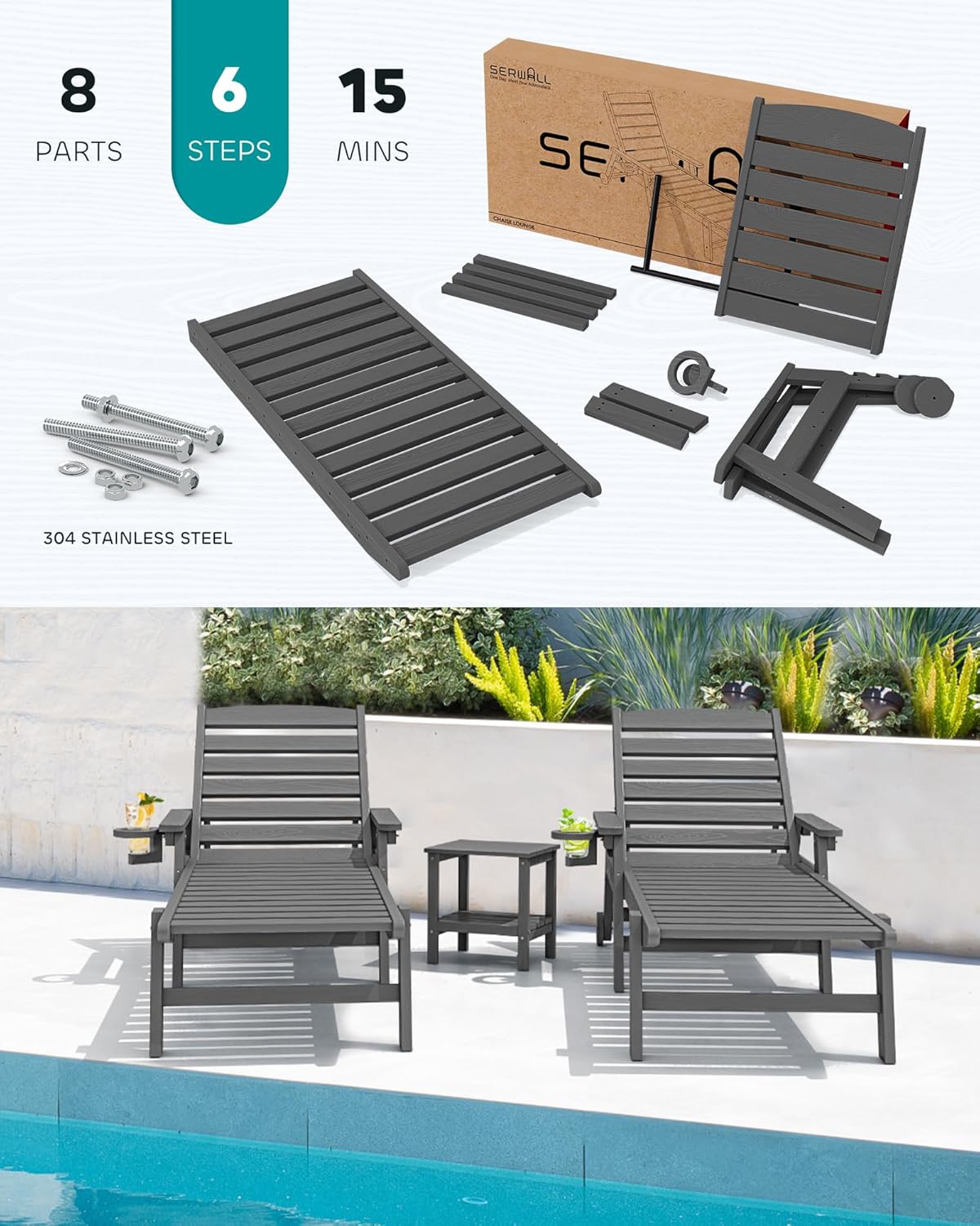 SERWALL Patio Chaise Lounge Chair Set of 4, 5 Positions Adjustable Poly Outdoor Lounge Chair for Pool, HDPE Lounge Chair with Rolling Wheels & Cup Holder for Poolside, Deck, Slate Gray