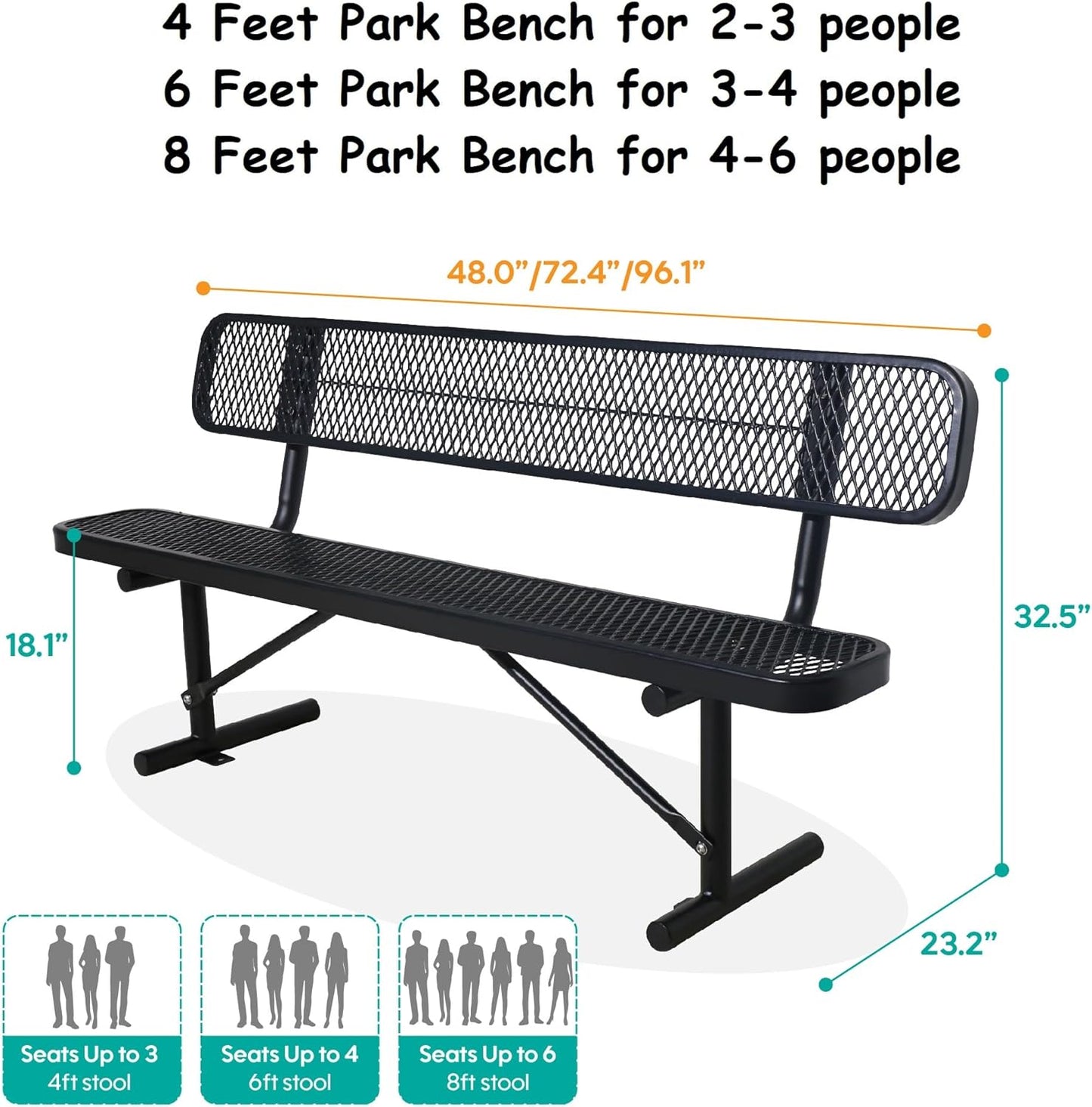 8FT Outdoor Bench Metal Park Bench with Backrest, Heavy-Duty Expanded Picnic Bench Steel Mesh Portable Seating Patio Bench for Garden, Porch, Park,School,Road Sports