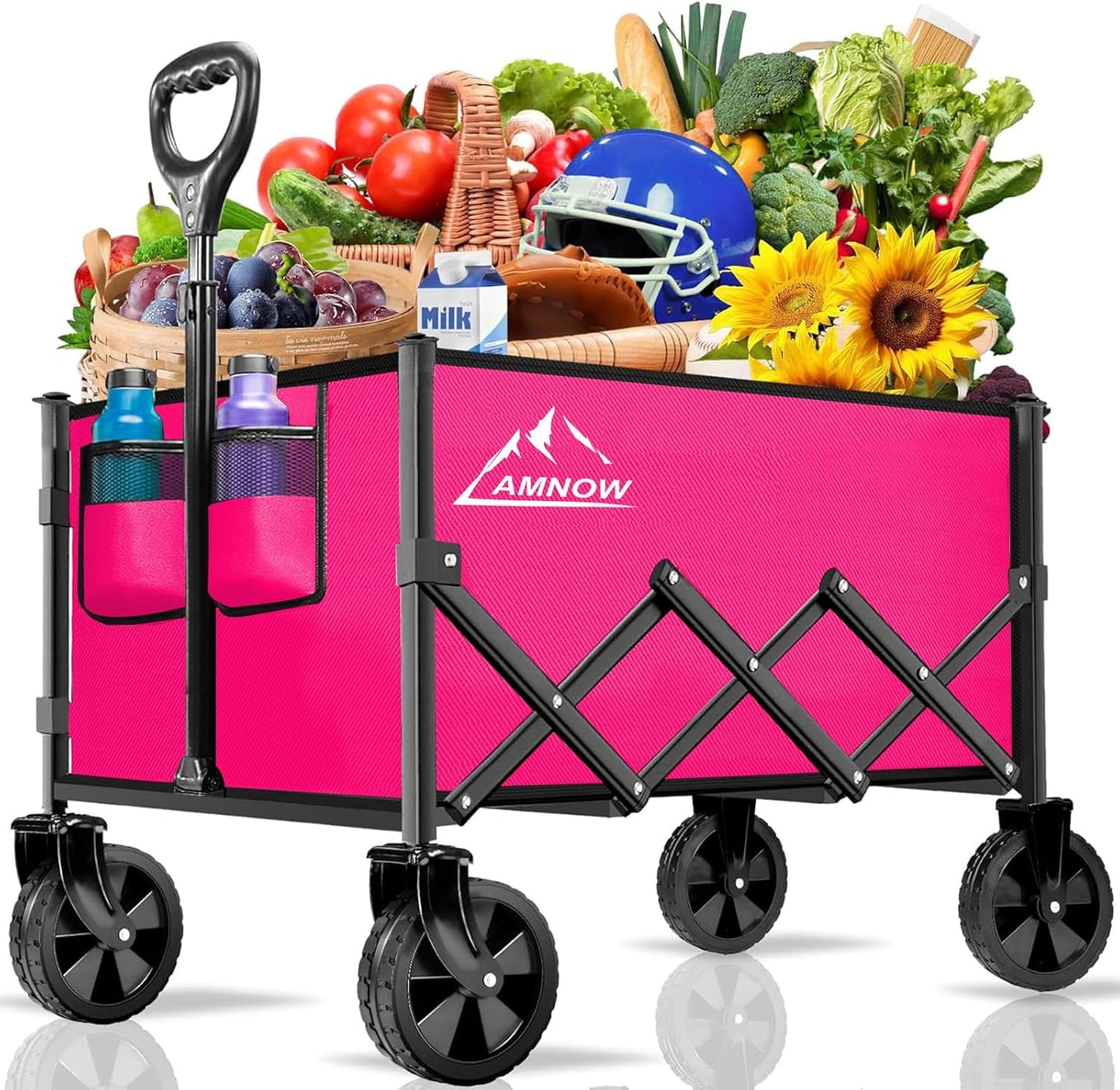 Collapsible Folding Wagon Cart, 350LBS Utility Large Capacity Cart Foldable Wagon with All Terrain Wheels, Grocery Wagons Carts for Garden Shopping Sports Camping, Rose