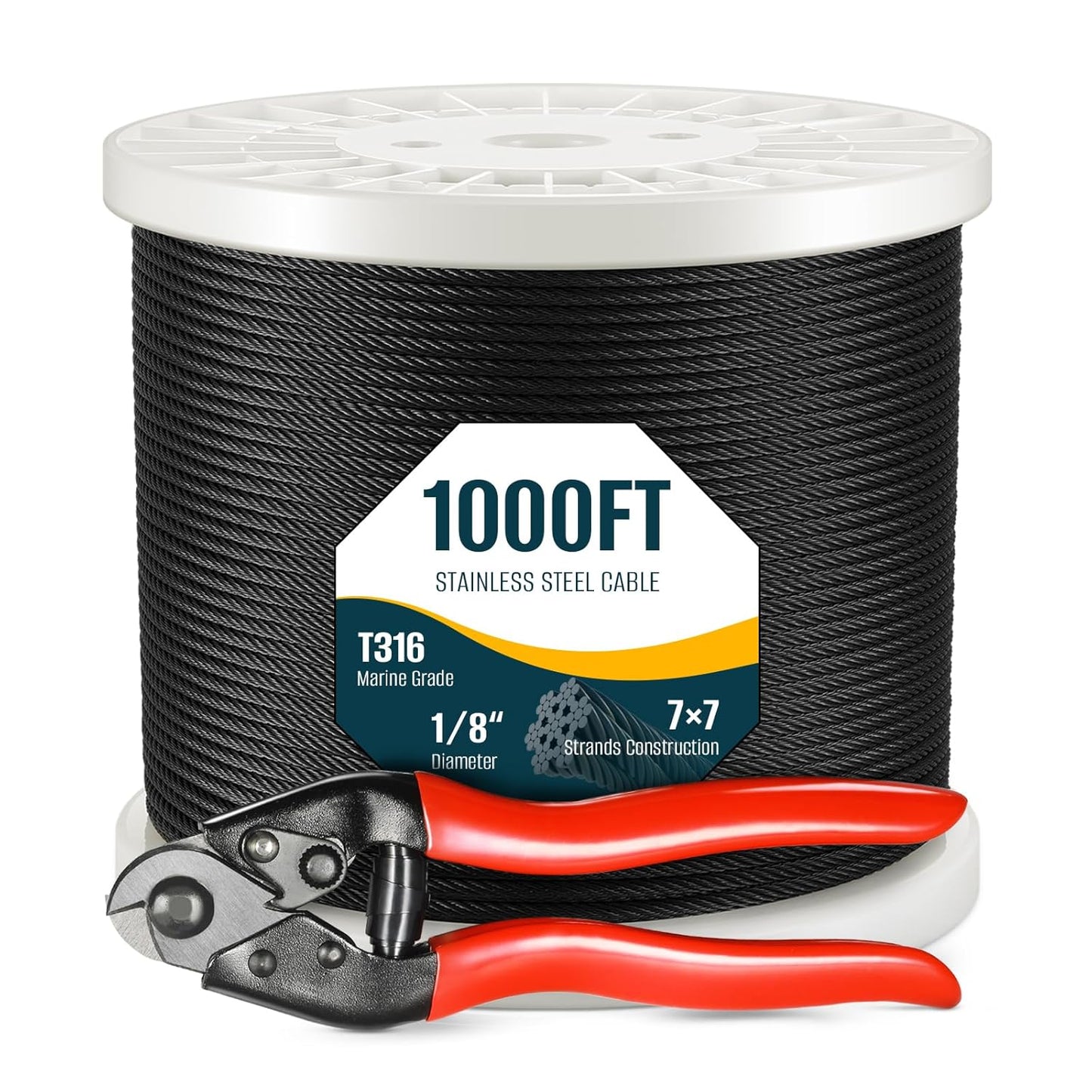 1000FT 1/8" Black T316 Stainless Steel Cable, 7x7 Strands Construction, Black Wire Rope Aircraft Cable for Indoor, Outdoor, Deck Fence Railing, and DIY Balustrades
