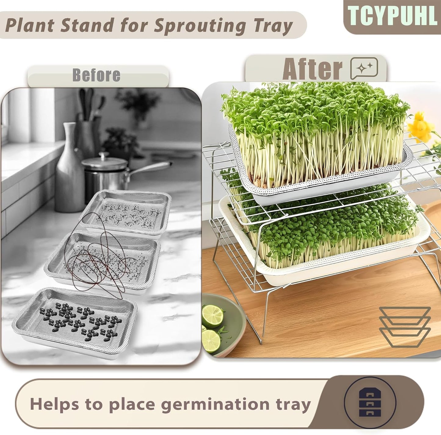 Sprouts Growing Rack 2-Tier 14 inch Shelf, Metal Foldable Plant Stand for Sprouting Tray Indoor, Seed Starting Tray Plant Shelf, Silver Rack for Kitchen Table Top Space Saving