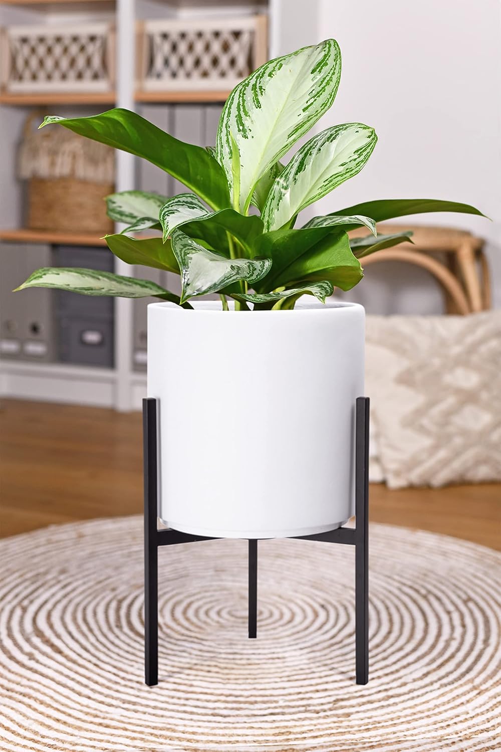 D'vine Dev Modern White Plants Pot Cylinder Planter with Heavy Duty Stand, Small 8 Inch Pot, 15 Inch with Stand Height, 96-T-A-1