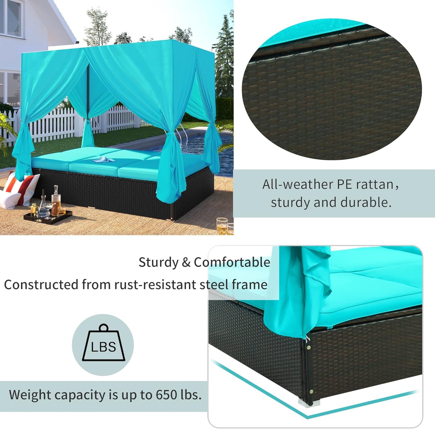 Patio Chaise Lounge, PE Rattan Outdoor Patio Wicker Sunbed Daybed with Adjustable Seats, Four-sided Canopy, Overhead Curtain and Blue Cushions for Backyard, Garden, Poolside (for 2-6 people)