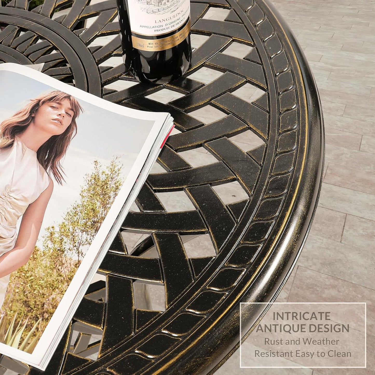 VIVIJASON 3-Piece Patio Bistro Set, Outdoor All-Weather Cast Aluminum Furniture Dining Set, Include 2 Swivel Chairs and 31" Round Table w/Umbrella Hole for Balcony, Lawn, Garden (Red Cushion)