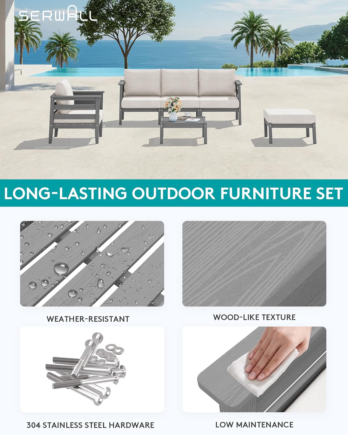 SERWALL HDPE Patio Furniture Set, 6 Pieces Outdoor Sectional Sofa Set, All-Weather Wood-Like Outdoor Sofa Couch with Coffee Table for Deck, Lawn, Grey Frame with Khaki Cushion