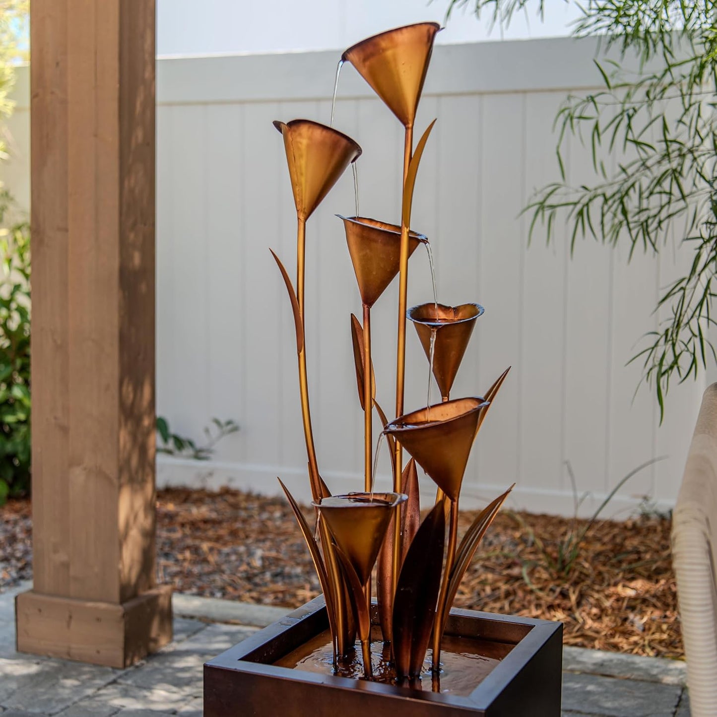 XBrand Sculptural Freestanding Metal Multi-Tiered Water Fountain w/Flowers, No LED Lights, Bronze, 46" Tall