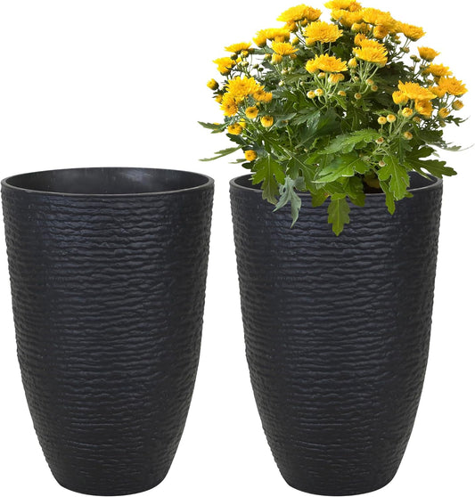 KOL 2-Pack 21in. Tall Plastic Planter - Large Round Tapered Plant Pots with Textured Finish - Black Imitation Stone Looking Big Flower Pots for Indoor & Outdoor Plants - Lightweight and Durable