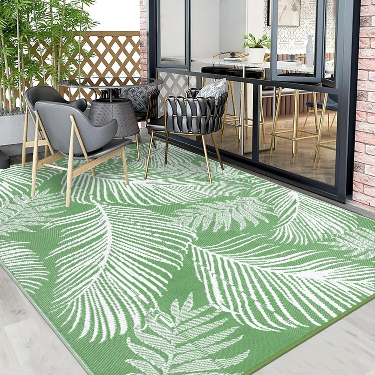 Pauwer Waterproof Outdoor Rug 9x12, Reversible Plastic Straw Patio Camping Rug, Indoor Outdoor RV Mat Carpet for Deck, Camper, Porch, Balcony, Backyard, Picnic, Leaf Green